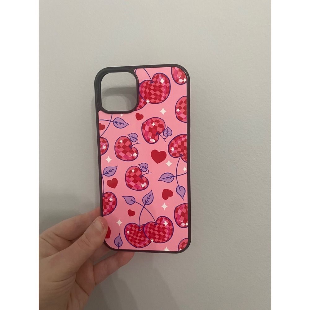 iPhone 14 Plus Case Pink Cherry Heart Disco Ball Retro Pattern Protective Cover